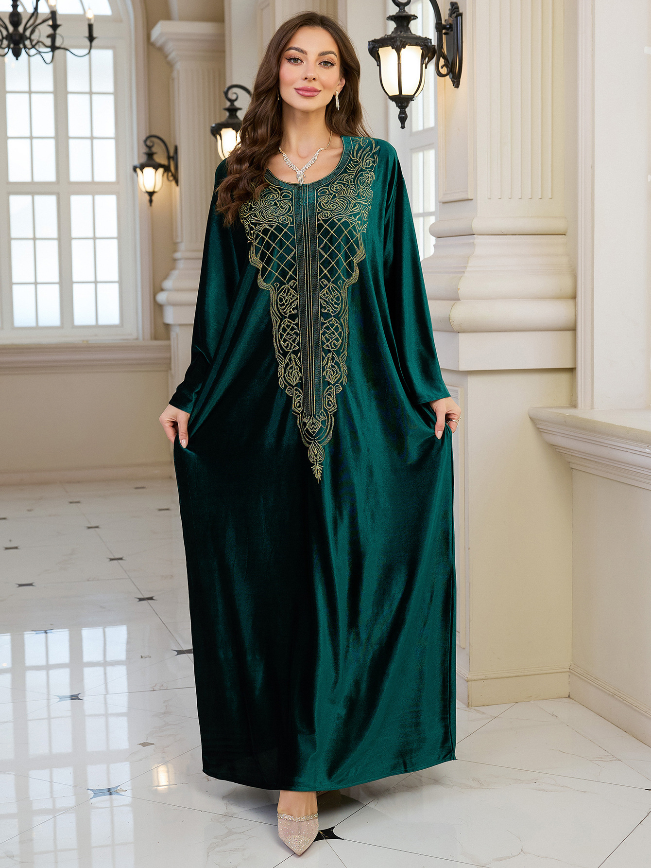Elegant Embroidered Kaftan Dress Beach Bathing Suit Cover up Long Maxi Dress